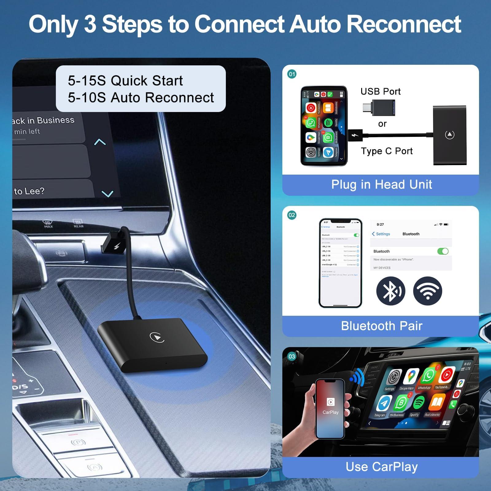 Uniytriox CarPlay Wireless Adapter, Converts Factory Wired CarPlay to Wireless, 2024 Upgrade Wireless Carplay Adapter for Cars from 2015 & iPhone iOS 10+