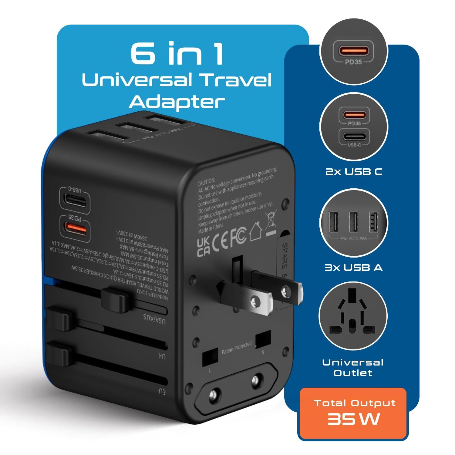 Ceptics Ceptics Universal Travel Adapter, 35W International Power Adapter with PD & QC 3.0 Dual USB-C, 3 USB Travel Adapter Worldwide, Type I C G A Outlets 110V 220V A/C - EU Euro US UK (11-KU)