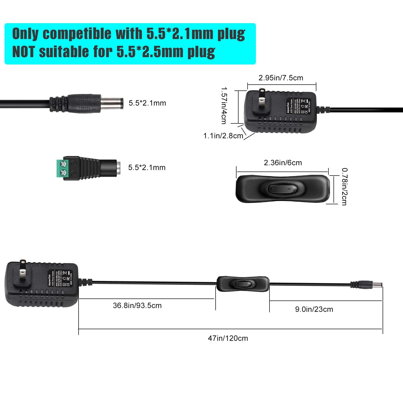 AspenTek AspenTek 12V Power Supply with Switch for Led String Light, Led Strip Light, Neon Sign, Under Cabinet Lighting, DC 12V CCTV Camera,Output 2A, 24 Watt Max