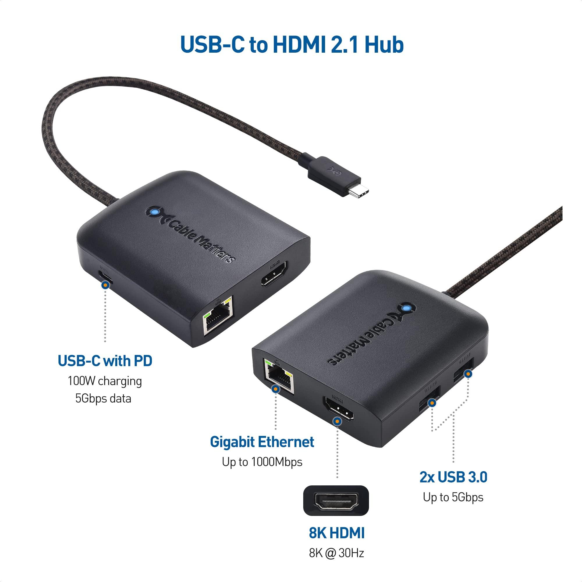 Cable Matters Cable Matters USB C Hub HDMI 2.1, Up to [8K@30Hz/4K@120Hz, 100W Charging, 5Gbps Data Transfer] Gigabit Ethernet, USB-C HDMI Dock, USB C HDMI 2.1 Hub Compatible with Thunderbolt 4, Max 4K@60Hz on MacOS