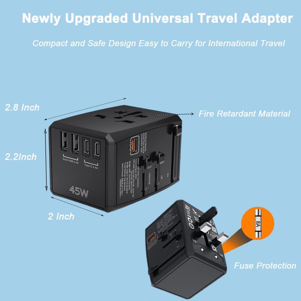 AKiiLOG Universal Travel Adapter, PD 45W International Power Plug Adapter 6 in 1 with 3 USB-C & 2 USB-A Fast Charging, AC Outlet Worldwide Wall Charge Type I C G A for US UK Europe AU Travel
