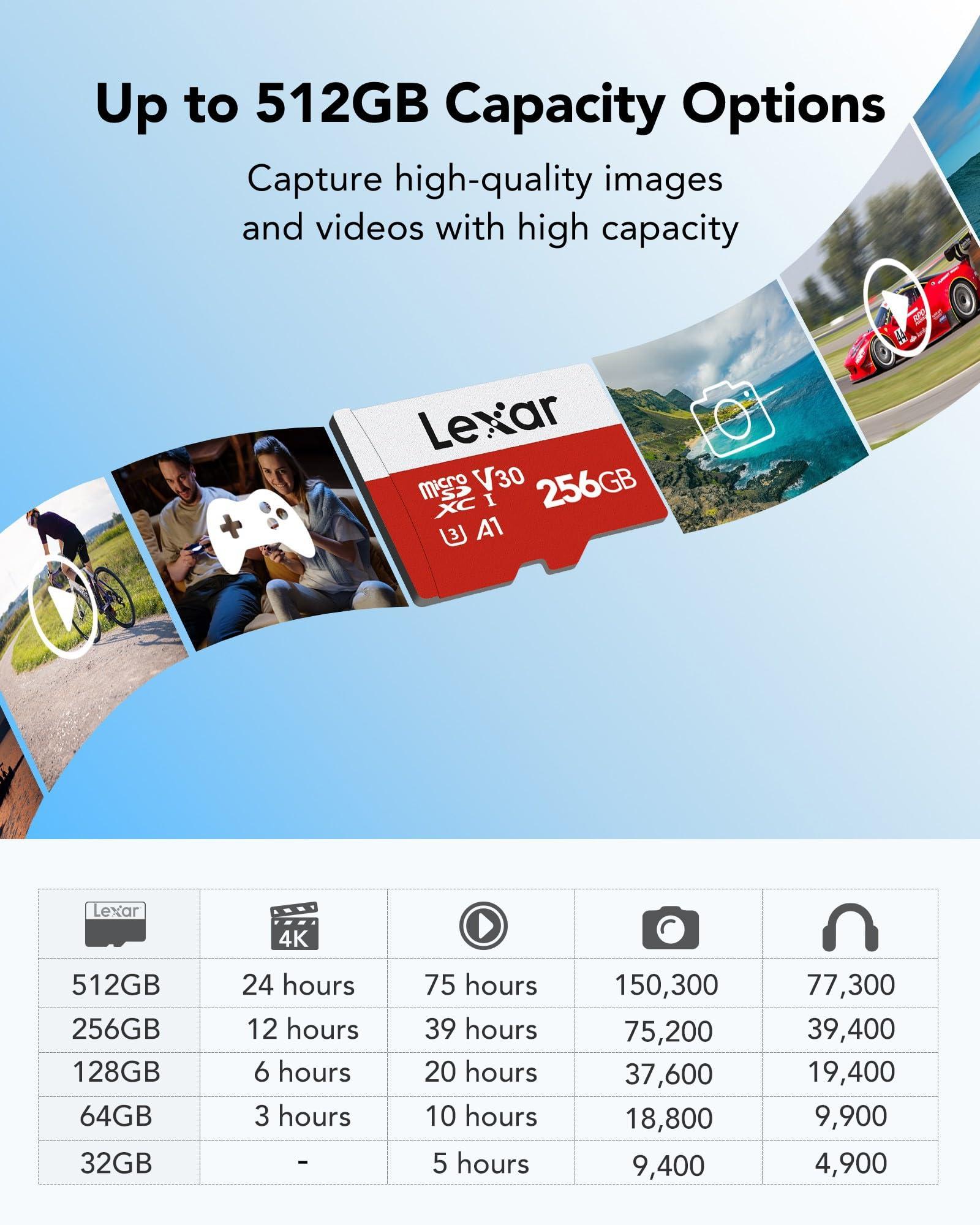 Lexar Lexar E-Series 256GB Micro SD Card, microSDXC UHS-I Flash Memory Card with Adapter, 100MB/s, C10, U3, A1, V30, Full HD, 4K UHD, High Speed TF Card