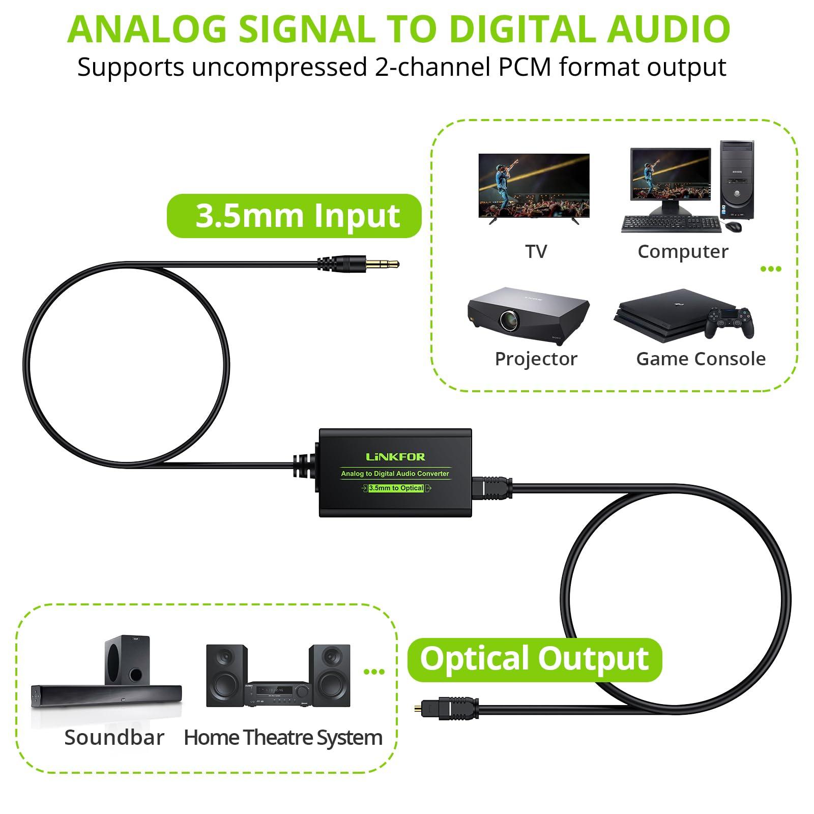 LiNKFOR LiNKFOR 3.5mm to SPDIF Converter Analog to Digital Audio Adapter for Enhanced Sound Toslink Optical Output 3.5mm to Optical with Optical Cable for Amplifiers & Soundbars