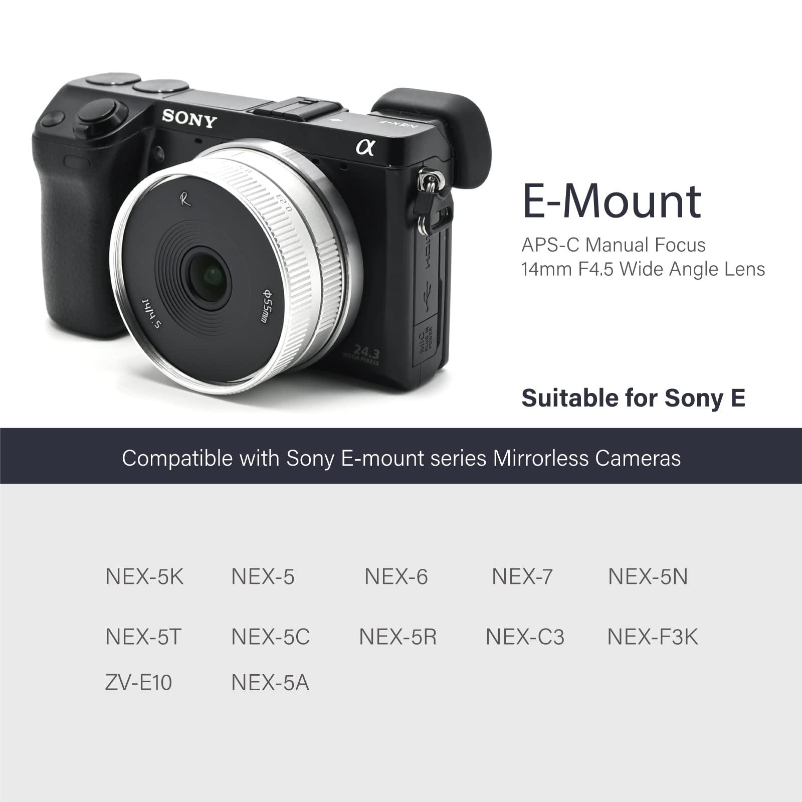 AstrHori AstrHori 14mm F4.5 Ultra Wide Angle APS-C Manual Lens Strong Anti-Distortion with Filter Slot Compatible with Sony E-Mount Mirrorless Camera A6000,A6300,A6400,A6500,A5100,A5000,A6600,NEX-3(Silver)