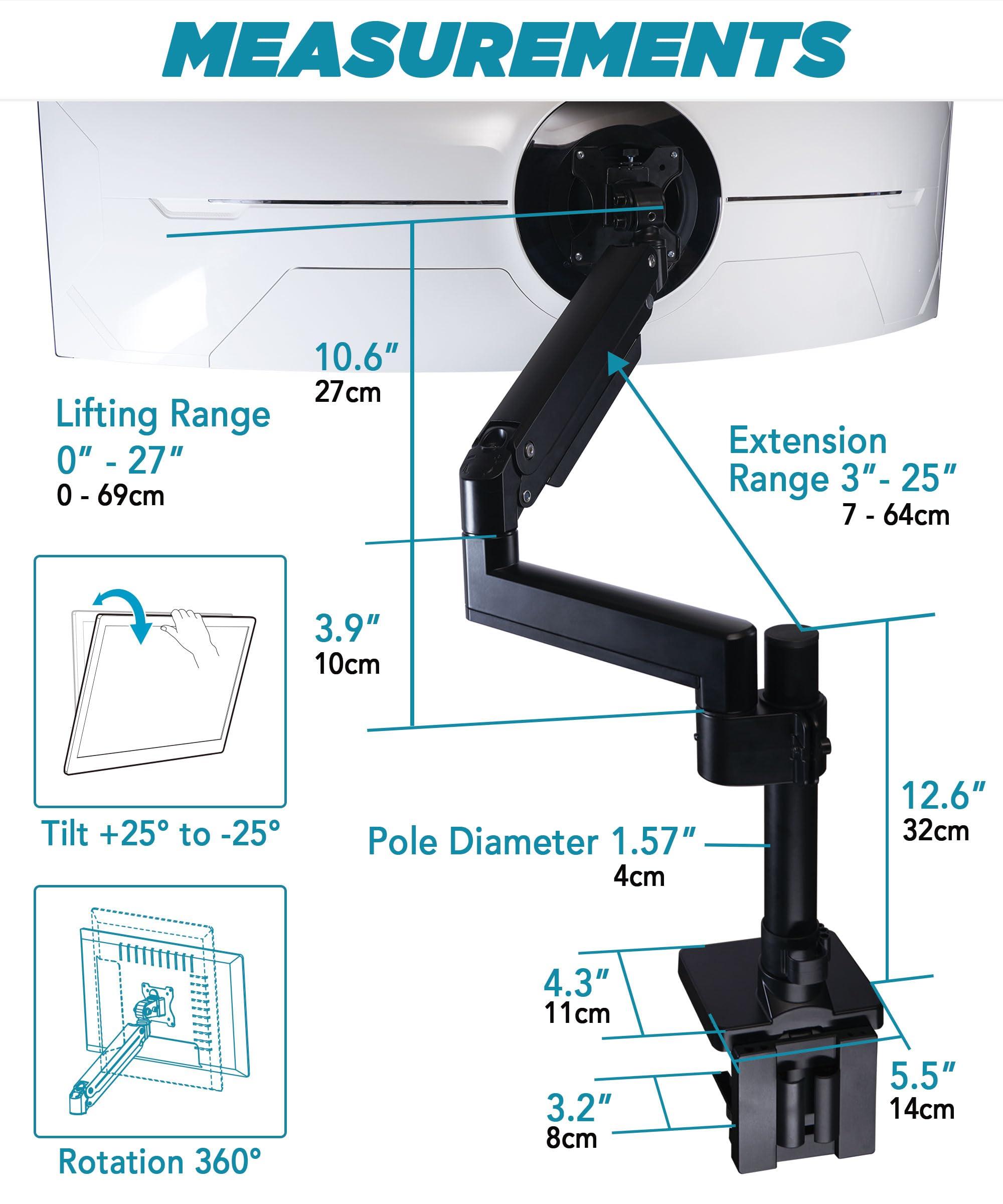 ULTRARM ULTRARM Heavy Duty Monitor Arm for Ultrawide Monitors up to 57" and 44 lbs, Single Desk Stand, Pneumatic Height Adjustable, Modular Extension Arms - Max VESA 100x100, Black, MA20P-S