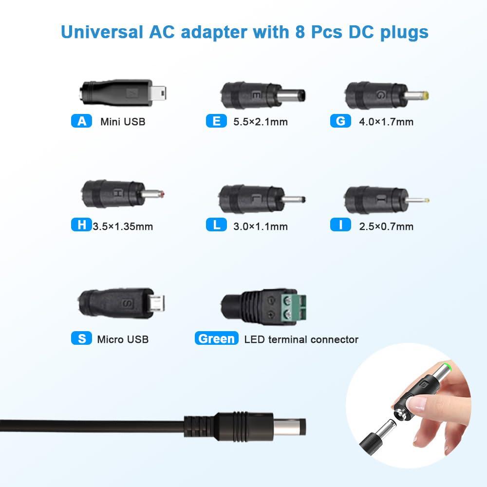 HYGAMOCC 5V 1A AC-DC Adapter, Wall Charger Power Supply Adapter with 5.5 x 2.5mm/2.1mm Plug & 8TIPS,100V-240V Slim Design for Android Tablets Webcam Routers Toys Recorder Speaker & More DC 5V Devices