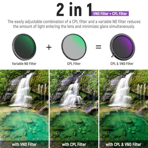 NEEWER NEEWER 67mm True Colors Variable ND&CPL Filter with Putter, ND3-64(1.5-6 Stops), 2 in 1 Adjustable Limited Neutral Density & CPL Filter, Multi Coated HD Optical Glass/Aluminum Frame/Scratch Resistant
