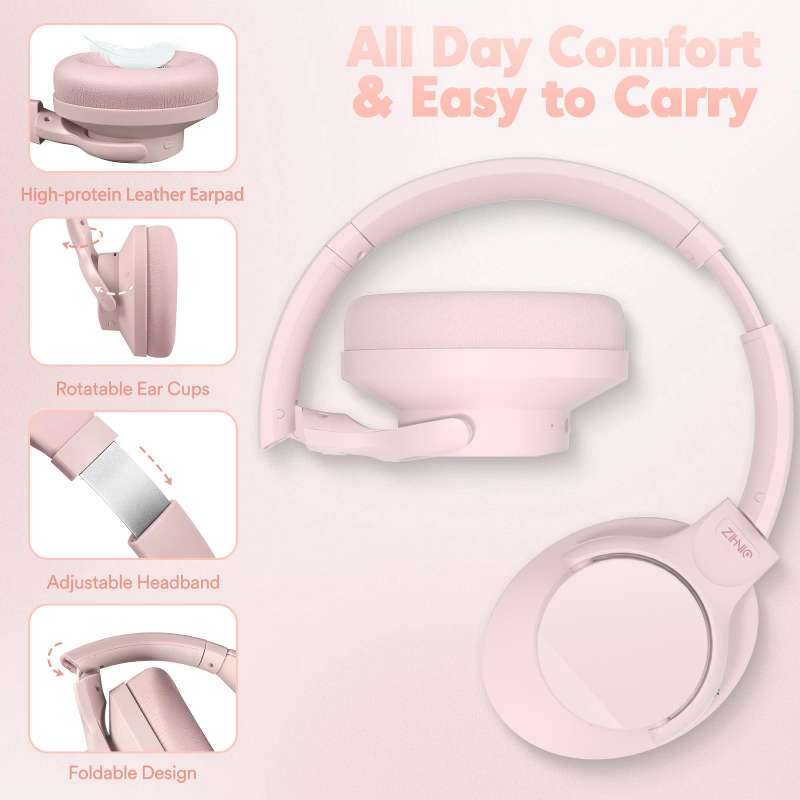 ZIHNIC ZIHNIC Active Noise Cancelling Headphones, 60H Playtime Wireless Bluetooth Headset Low Latency-Pink