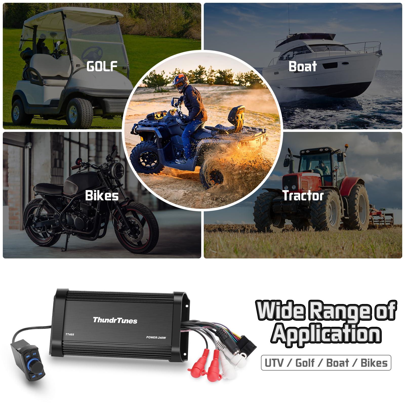 ThundrTunes ThundrTunes Marine Powersport Bluetooth Amplifier Audio System with 2pcs White Speakers, Class D 60W x 4 CH, Switch Mount, Suitable for Motorcycle, UTV, ATV, Boat