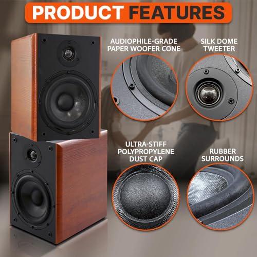 Pyle Pyle 6.5" Home Wooden Bookshelf Speakers, 240W Max Power, 1" Silk Dome Tweeter and Aluminum Voice Coils, Pair, Gold Plated 5 Way Binding Post, Rubber Surrounds, Beautiful Wood Grain Finish