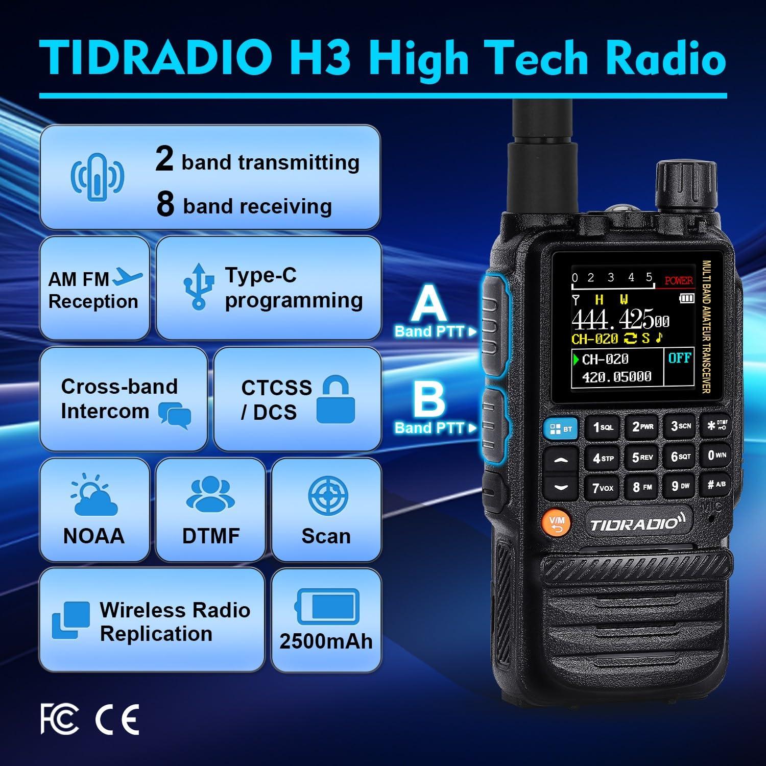 TIDRADIO TIDRADIO TD-H3 Ham Radio Handheld (4Pack) Multi-Band Long Range Two-Way Radio,USB-C Programming & Charging,8PCS 2500mAh Battery,DTMF FM NOAA VOX SCAN,Walkie Talkies with Earpiece & Airband Antenna