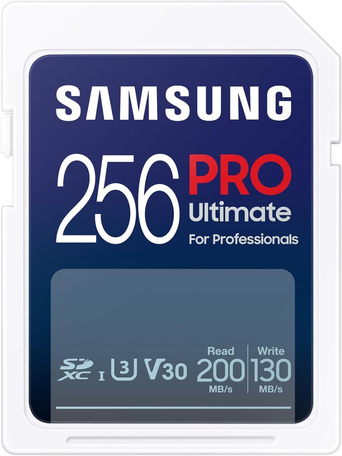 SAMSUNG SAMSUNG PRO Ultimate Full Size 256GB SDXC Memory Card, Up to 200 MB/s, 4K UHD, UHS-I, C10, U3, V30, A2, for DSLR, Mirrorless Cameras, PCs, MB-SY256S/AM