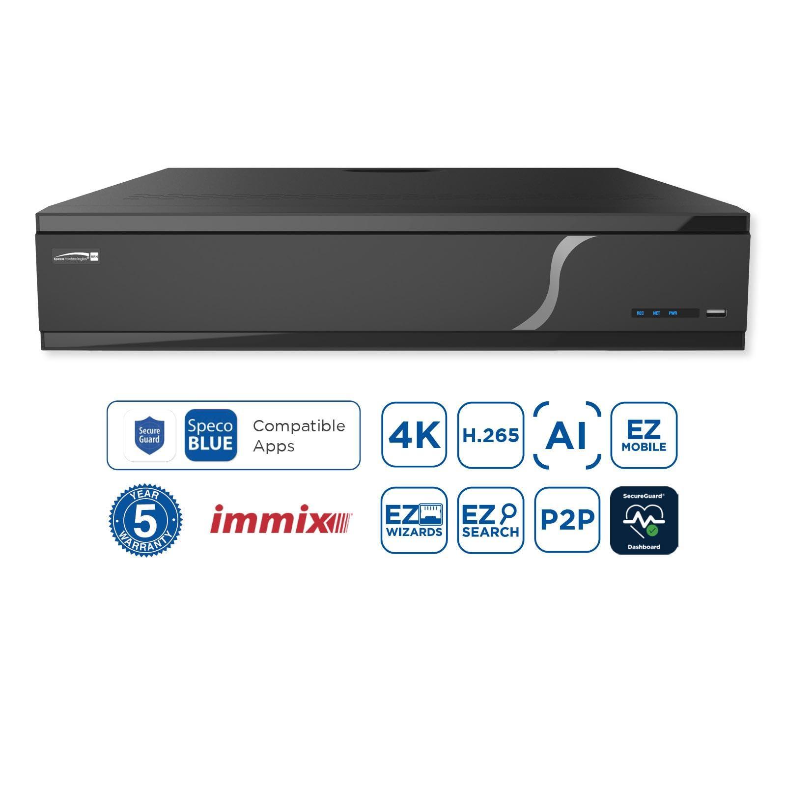 Speco Technologies Speco N32NRN8TB 32-Channel 4K NVR with Facial Recognition and Smart Analytics, 8 TB