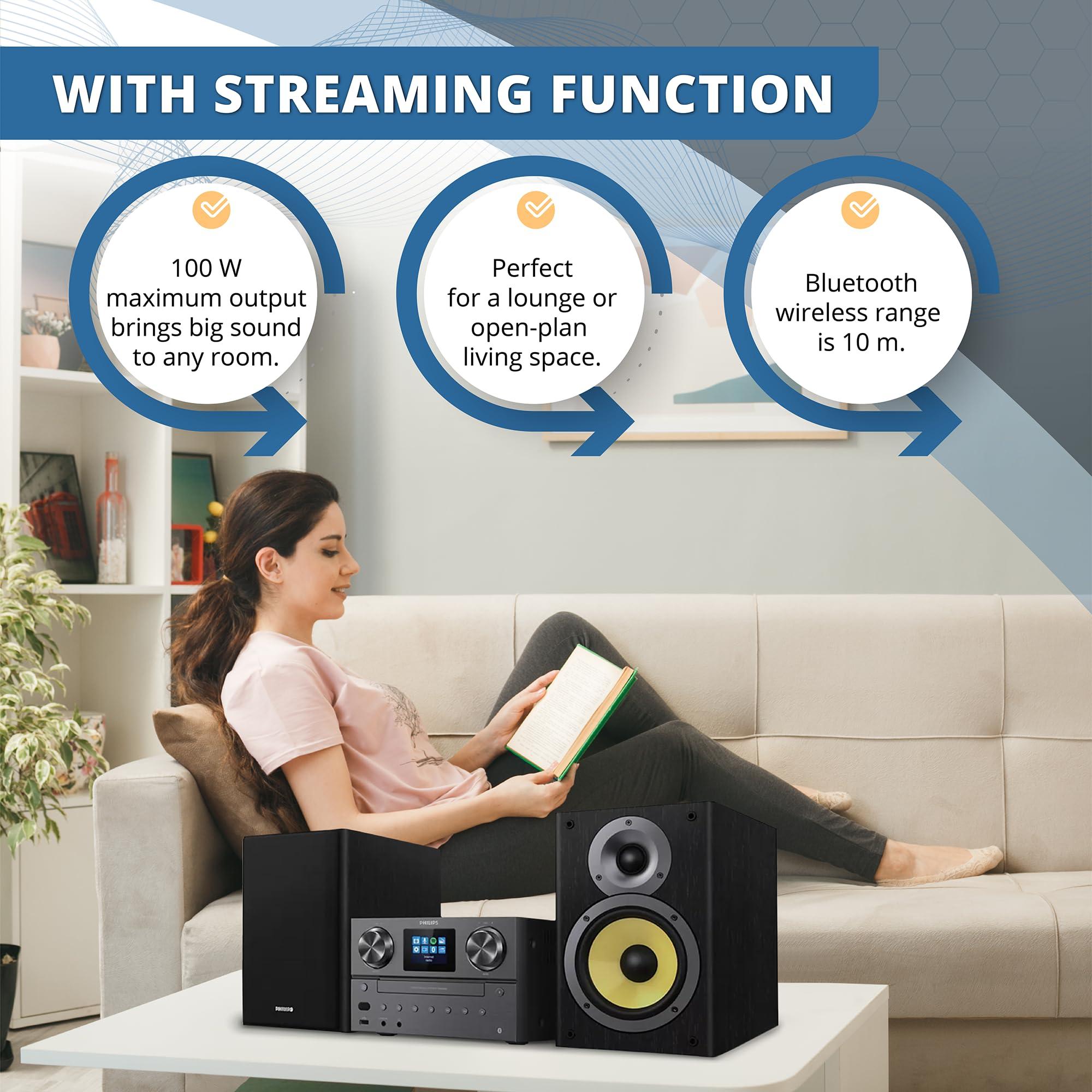 Philips Audio Philips Bluetooth & WiFi Stereo System for Home with CD Player, Spotify, Internet Radio, FM Radio, MP3 Playback, Crisp Highs and Rich Bass 100W, Remove Control Included