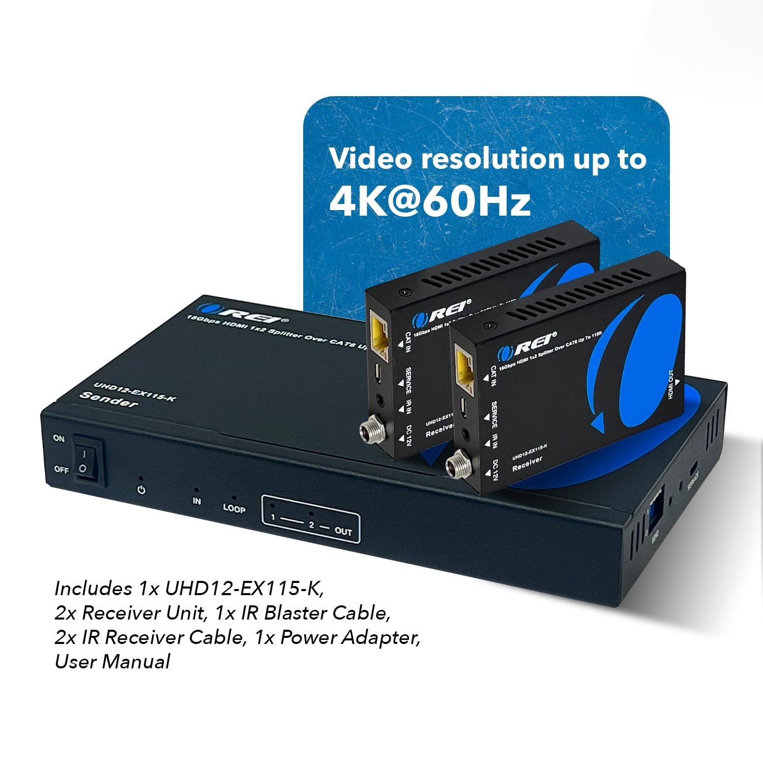 OREI OREI 1x2 HDMI Extender Splitter 4K by Multiple Over Single Cable CAT6/7 4K@60Hz 4:4:4 HDCP 2.2 with IR Remote EDID Management - Up to 115 Ft - Loop Out - Low Latency - Full Support