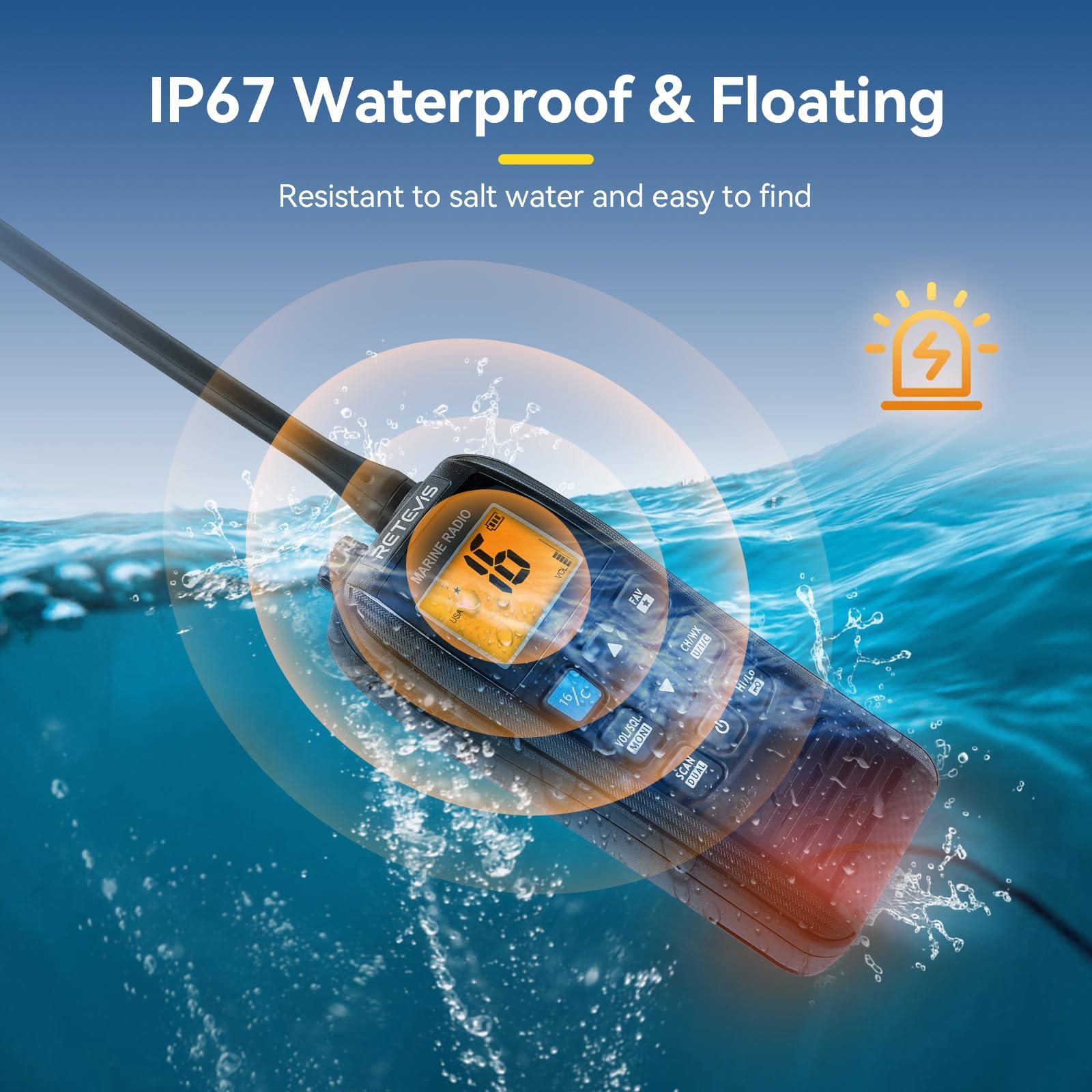 Retevis Retevis RM22 Marine Radio, IP67 Waterproof Handheld Floating Radio, High Power, Noise Cancelling Mic, Backlit LCD Display, NOAA Weather, 2200mAh Battery, USB Charging, Boat Radios(1 Pack)