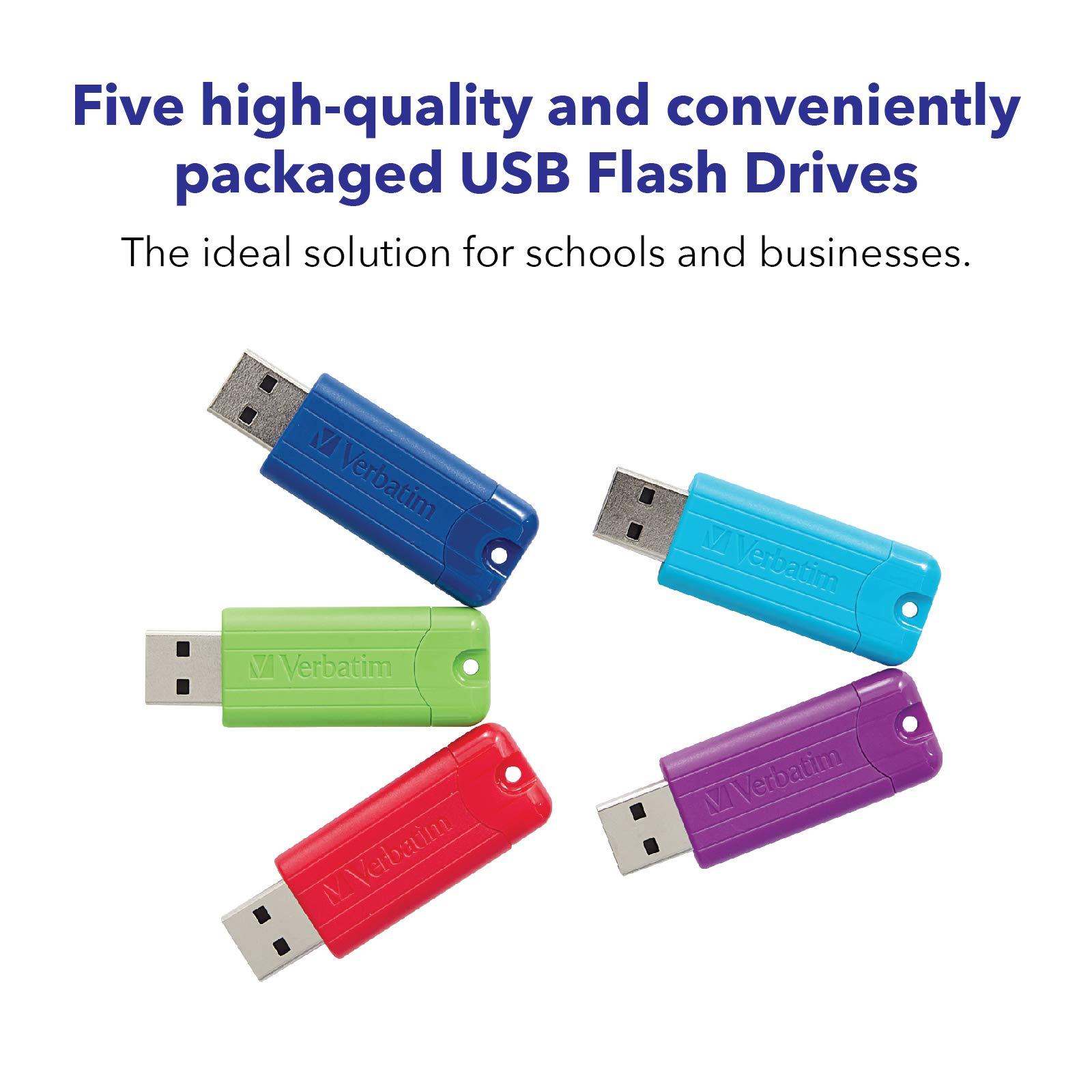 Verbatim Verbatim 32GB Pinstripe USB 3.2 Gen 1 Flash Drive Retractable Thumb Drive - 5 Pack - Multicolor (Green, Blue, Red, Purple, Cyan)