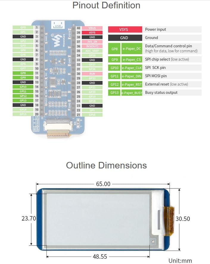 waveshare waveshare 2.13inch E-Paper Display Module for Raspberry Pi Pico, 250x122 Pixe E-Ink Screen, Black White Two-Color SPI Interface Paper-Like Effect, Support Partial Refresh