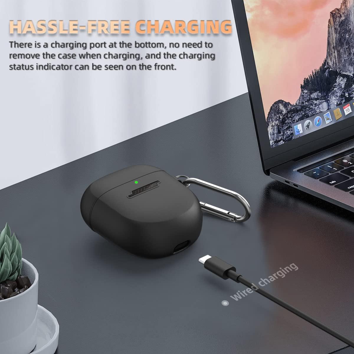 WOFRO Case for Bose QuietComfort Earbuds II(2022)& New Bose QuietComfort Ultra Case (2023), WOFRO Silicone Protective Skin Cover for New Bose QuietComfort Earbuds 2 Accessories with Carabiner (Black)