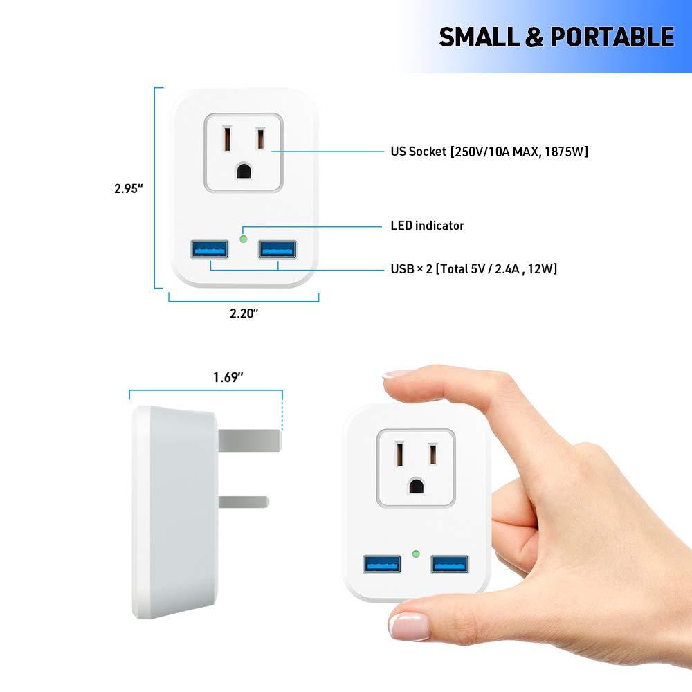 Key Power Type G UK Power Plug Adapter, Travel Adapter for US to British England, London, Ireland, Scotland, AC Outlets with 2 USB Charging Port for Smartphone, etc