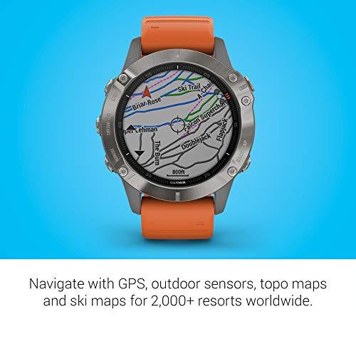 Garmin Garmin fenix 6 Sapphire, Premium Multisport GPS Watch, Features Mapping, Music, Grade-Adjusted Pace Guidance and Pulse Ox Sensors, Titanium with Orange Band