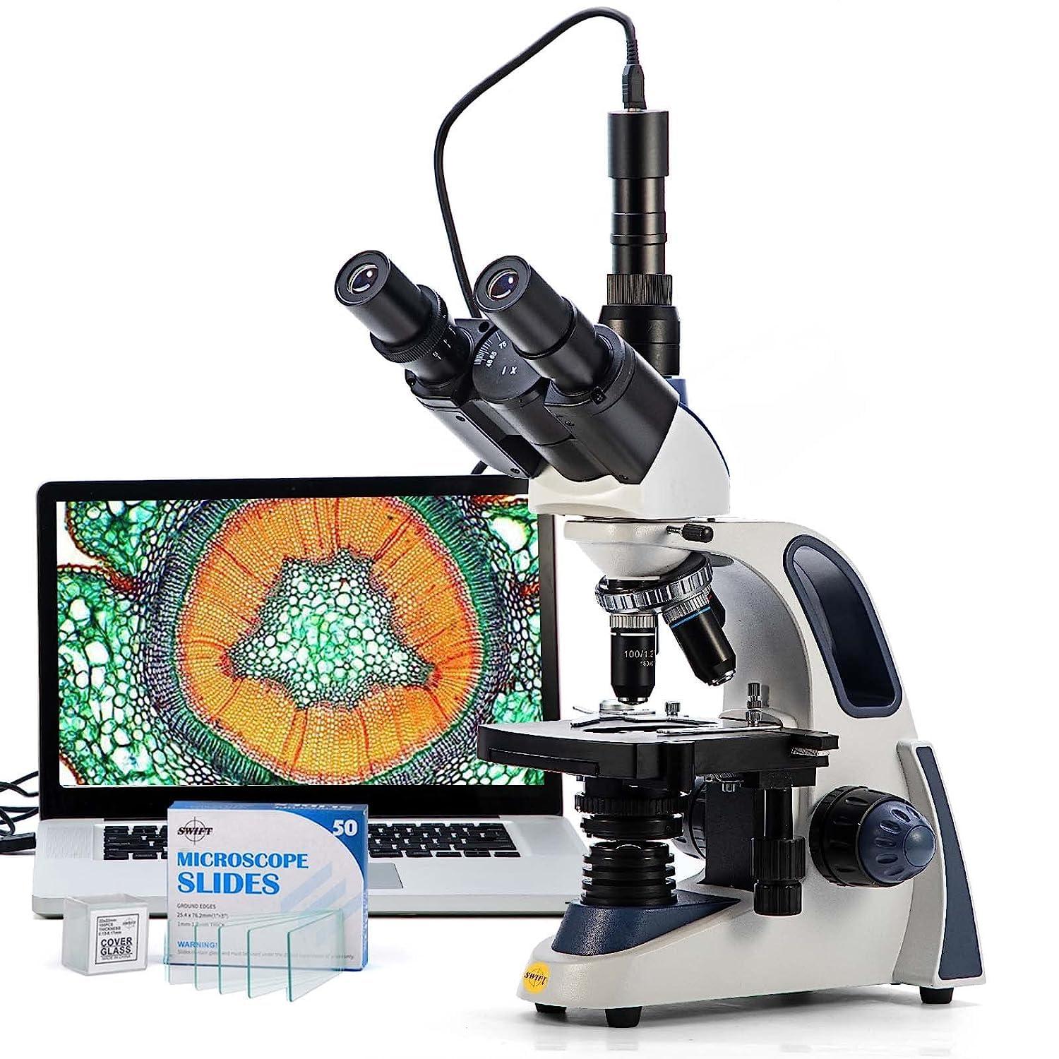 SWIFT Swift SW380T Compound Trinocular Microscope,40X-2500X Magnification,Two-Layer Mechanical Stage,5.0 MP Camera and Software Windows/Mac Compatible and 100 PCS Blank Slides