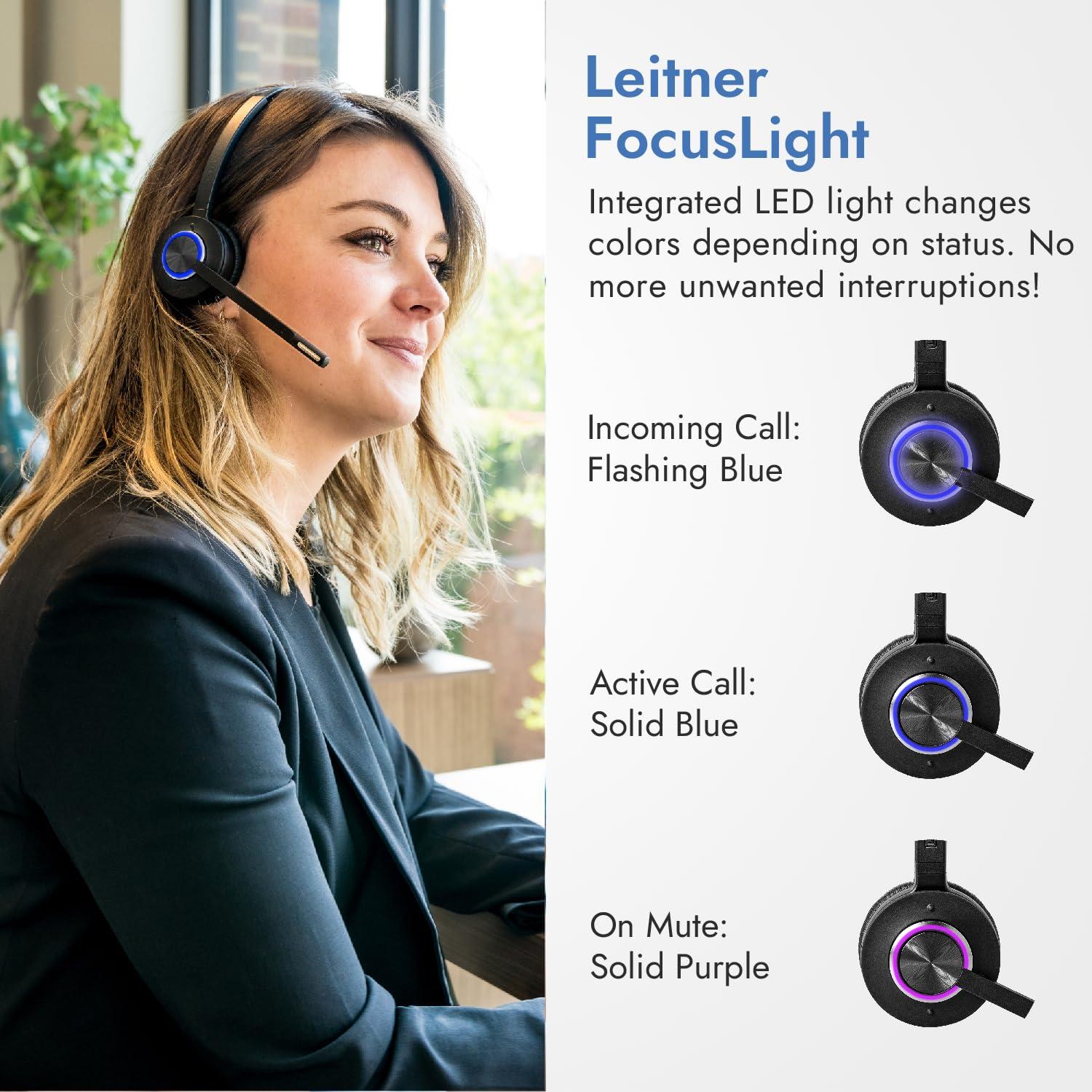 Leitner Leitner LH475 Wireless Computer Headset with Microphone Zoom and Teams Headset DECT USB Dongle Headset for Softphone, Computer, Laptop, and Tablet Single or Dual-Ear Wearing Style
