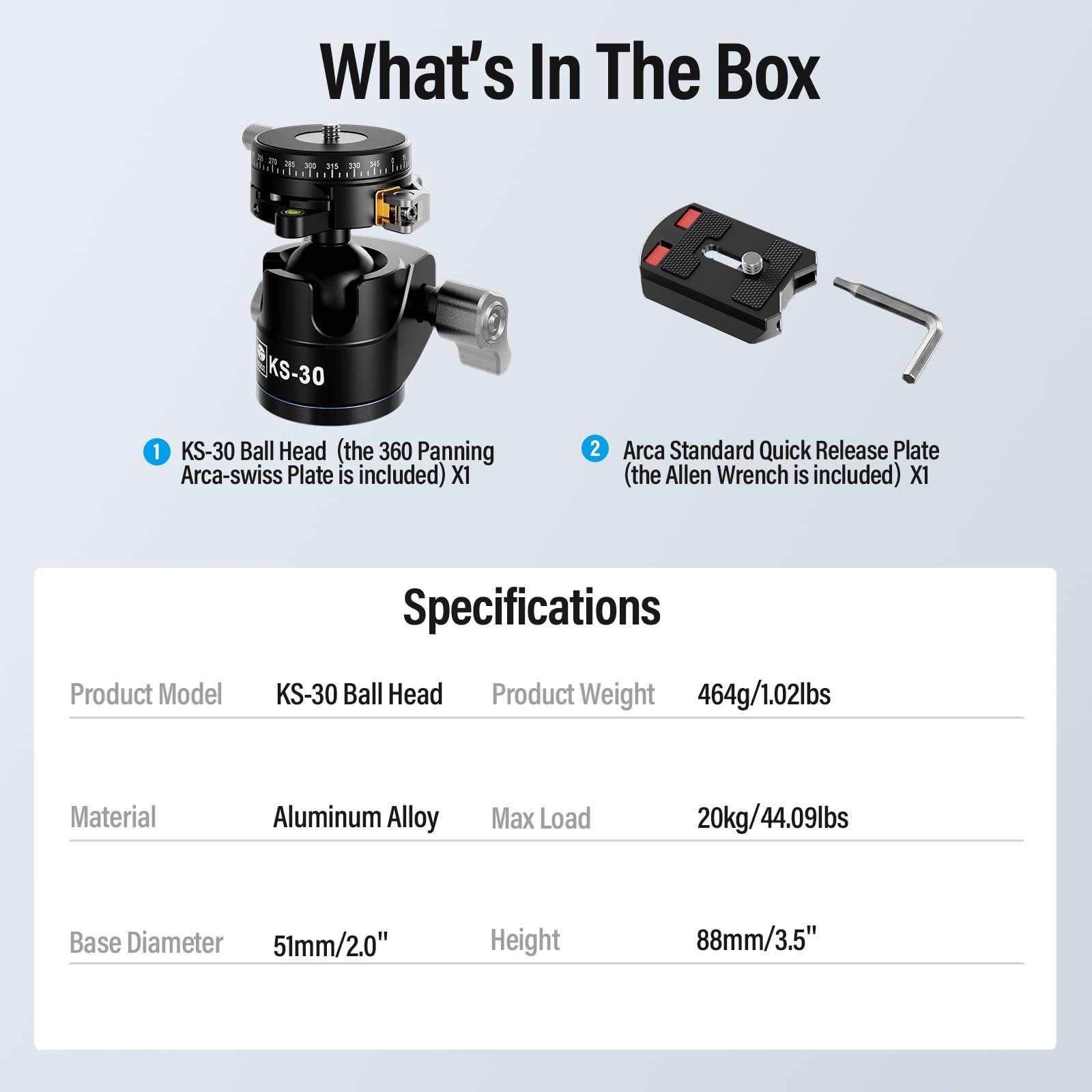 Sirui SIRUI 36mm Low Profile Ball Head KS-30, 360 Double Panoramic Aluminium Alloy Tripod Head for Camera, Camcorder, Professional Heavy Duty Ball Head for Tripod, Monopod, Camera Slider, Max Load 20KG