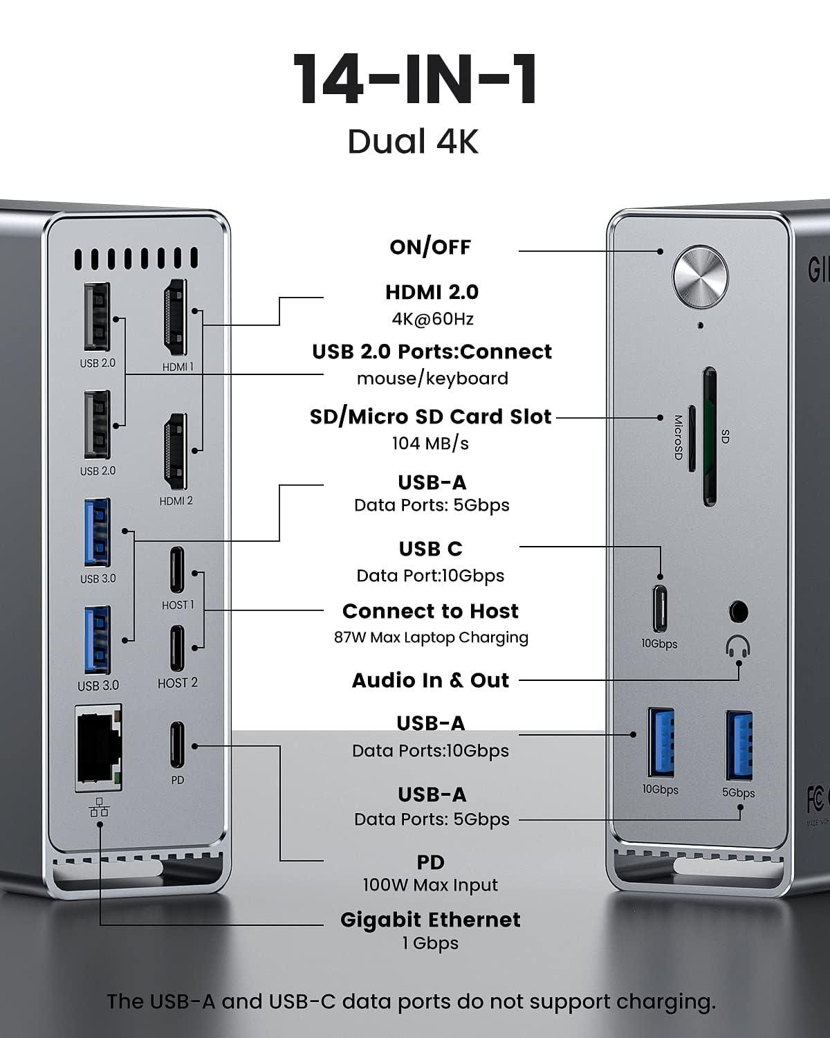 GIISSMO MacBook Pro Docking Station, 14-in-2 Dual USB C Docking Station Dual Monitor for MacBook Pro (Not M1) with Dual 4K HDMI 60Hz, 10Gbps USB A/C,3 USB 3.0,2USB 2.0 RJ45, Audio, SD/TF Slots, 100W PD