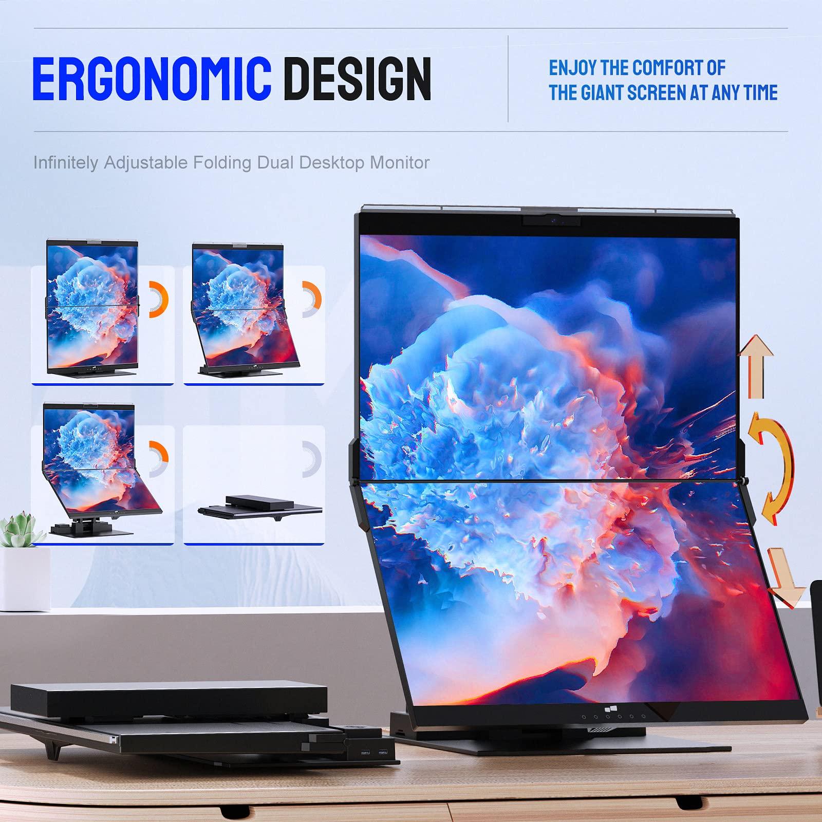 Duex Mobile Pixels Geminos Dual 24" FHD Stacked Desktop Monitors with 1080P Webcam&Speakers, 100W USB-C Charging, All-inclusive HDMI/USB A/USB C Infinitely Adjustable Computer Monitor (2 Monitors)