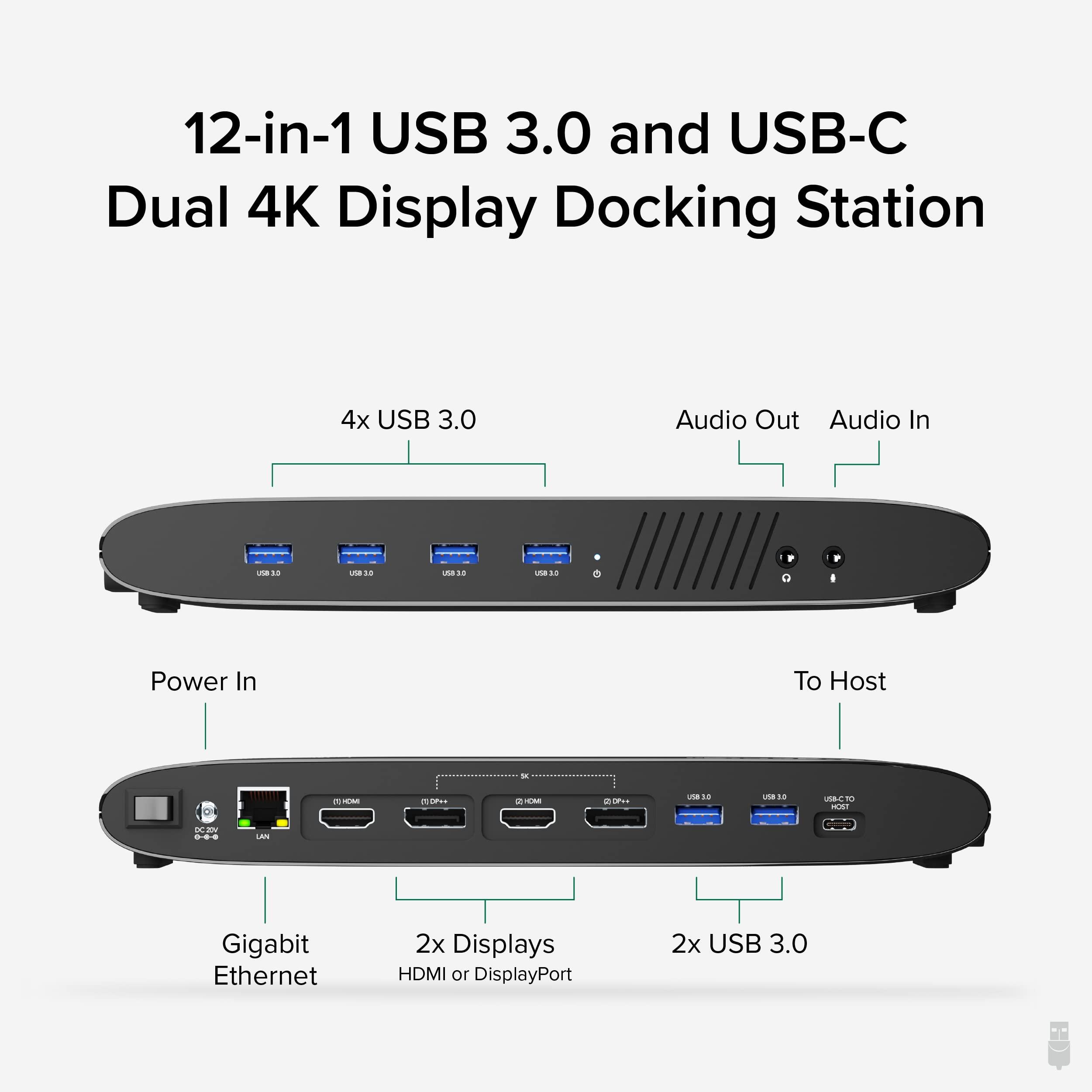 Plugable Plugable Universal Laptop Docking Station, 4K Dual Monitor, DisplayPort or HDMI, Windows Mac or ChromeOS Laptops, USB-C or USB 3.0, Adds 2 Displays, Ethernet, Audio, 6 USB Ports