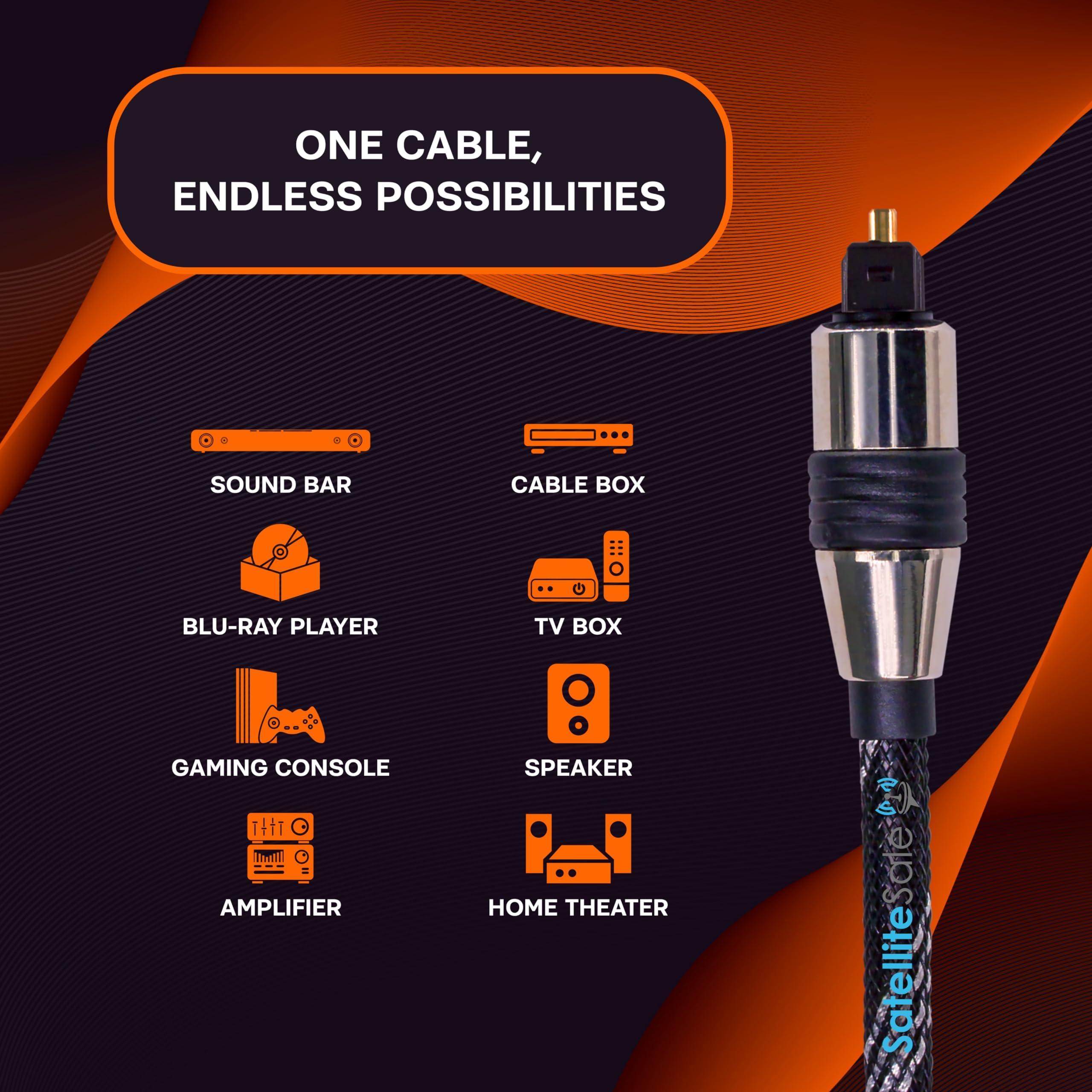 SatelliteSale SatelliteSale Digital Toslink SPDIF Audio Optical Fiber Cable Universal Wire Nylon Black/Silver Cord 50 feet
