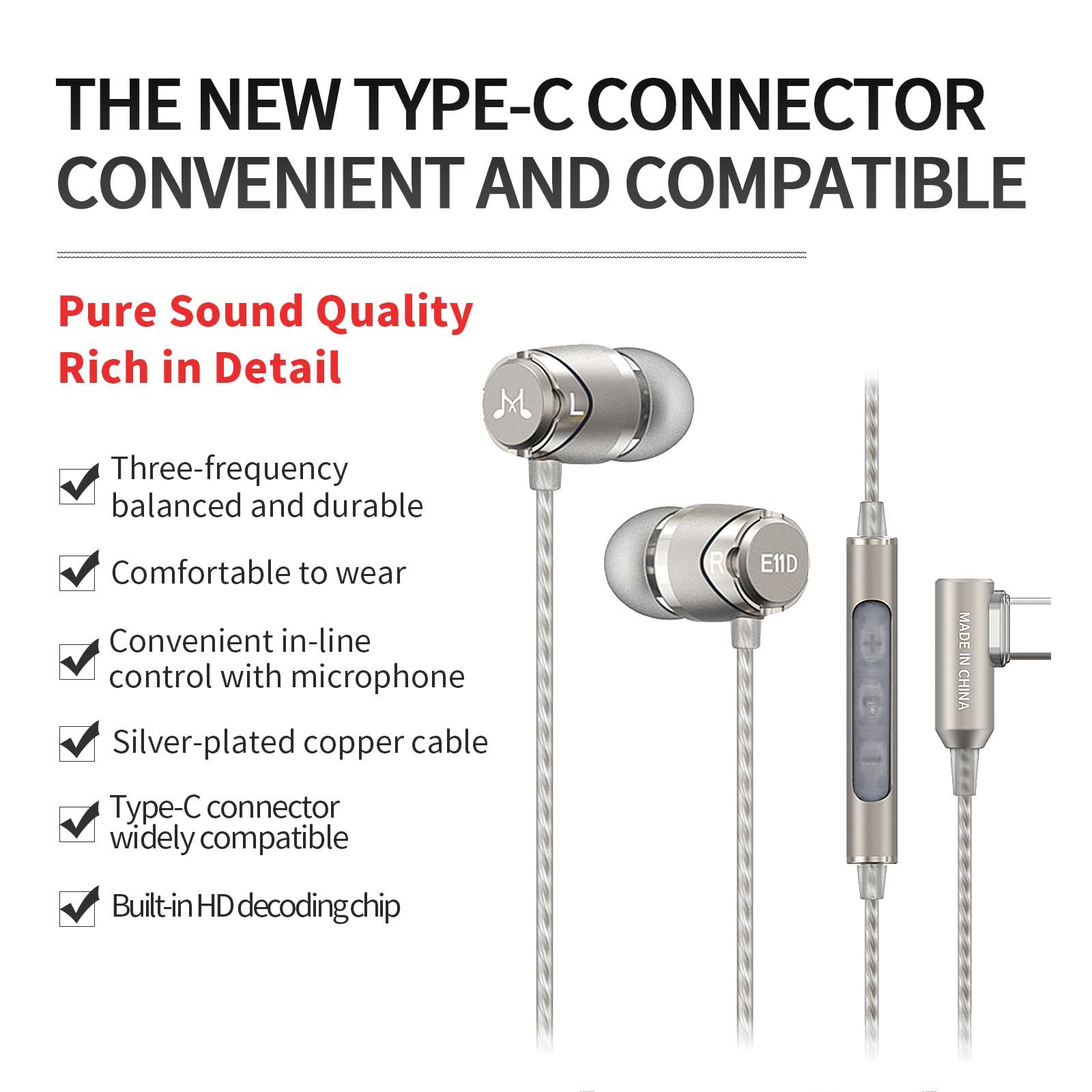 SoundMAGIC SoundMAGIC E11D Digital USB C Headphones Type C Earbuds with Microphone HiFi Stereo Earphones Powerful Bass Noise Isolating Compatible with Android Device Gunmetal