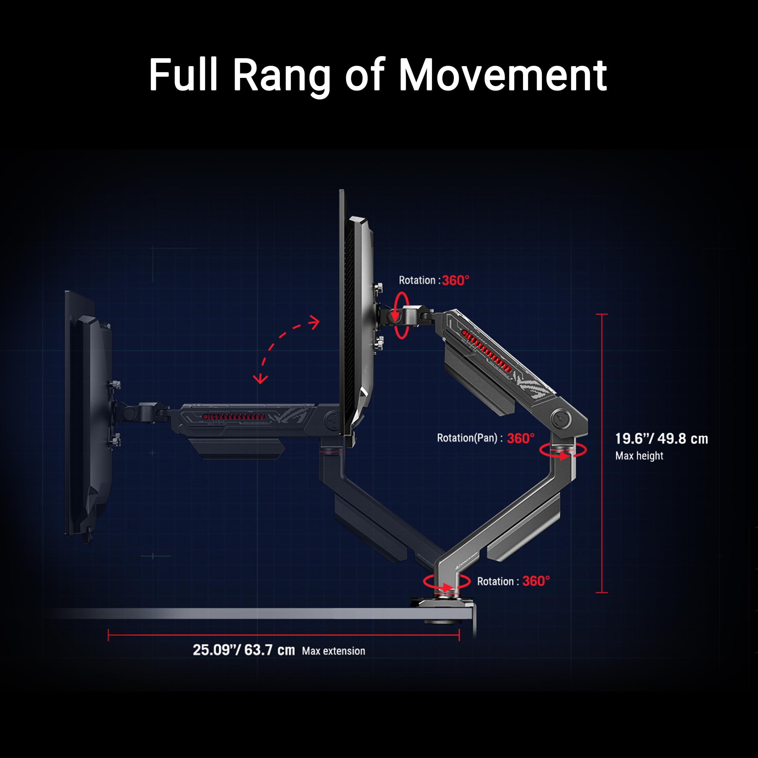 ASUS ASUS ROG Ergo Monitor Arm (AAS01) - Monitor Mount with Cable Management, Ergonomic, Pivot, Swivel, Height Fully Adjustable, Clean Desk Setup, up to 39 inches*,23lbs*, VESA 100x100, Mechanical Spring
