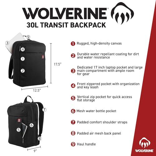 WOLVERINE WOLVERINE Lightweight, Water Resistant Rugged Laptop Backpack for Travel or Work, Transit-Grey, 30L