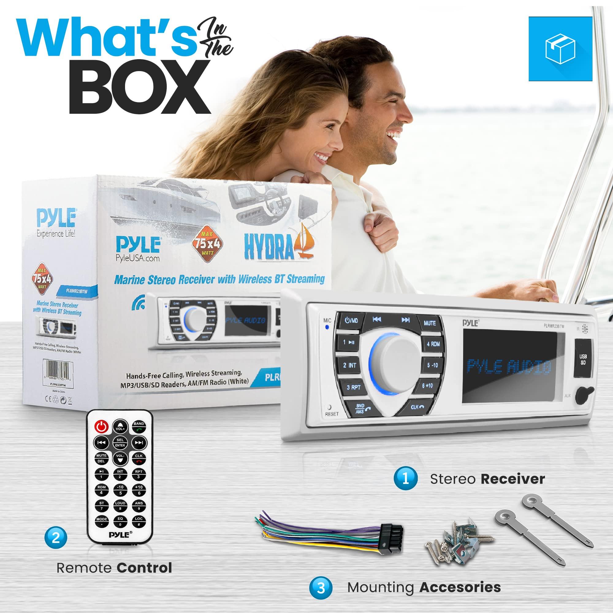 Pyle Pyle Marine Speakers + Bluetooth Marine Receiver Stereo Bundle | 5.25 Inch Waterproof Outdoor Audio Stereo Sound System + 12v Boat In dash Radio Receiver System