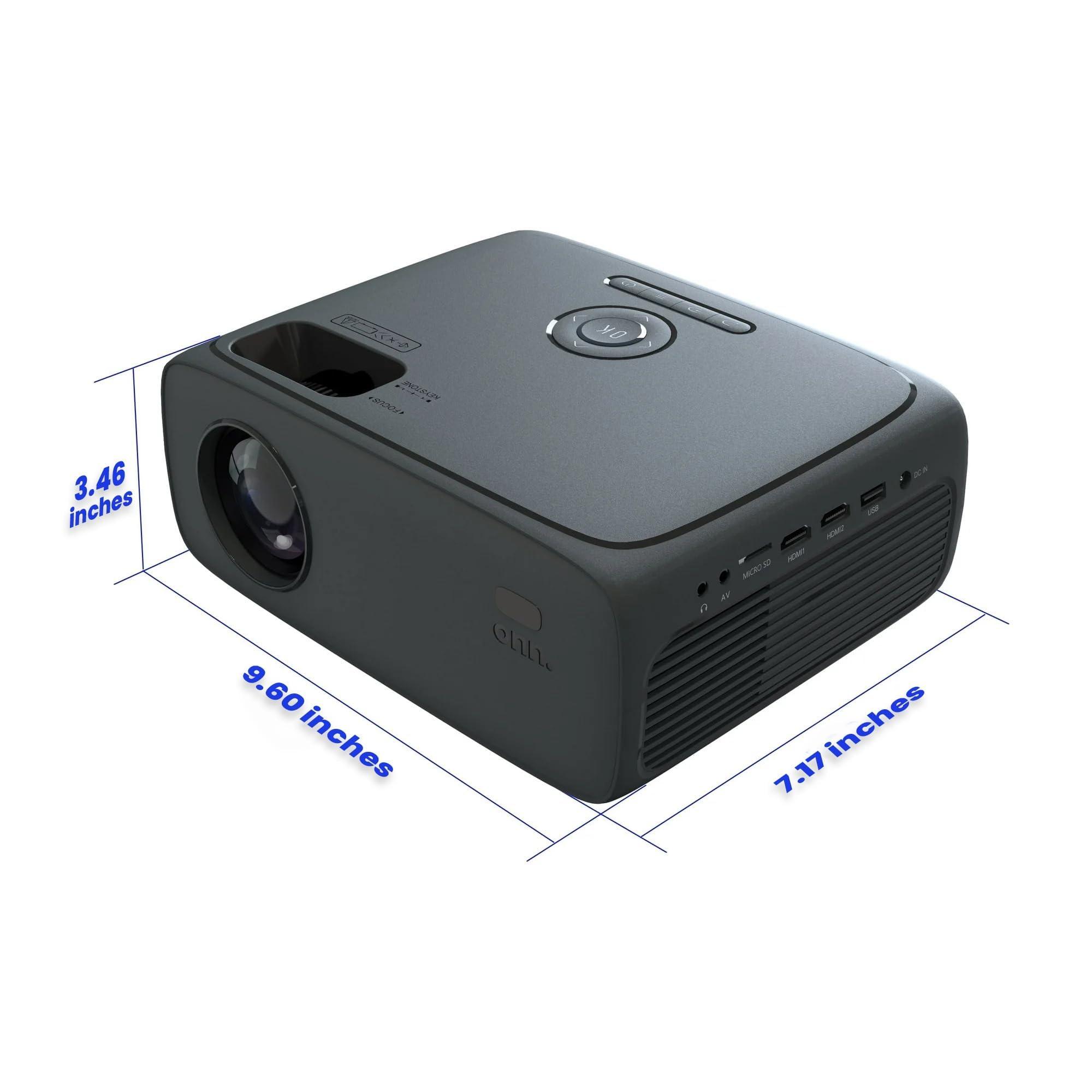 ONN Onn. HD 1080p LCD Home Theater Projector, Streaming Ready, 6' HDMI Cable, 5 Watt Speaker, Remote, 32" - 210" image size, Supports HDMI/USB/MicroSD/AV, Indoor & outdoor use - 100096801 (Renewed)