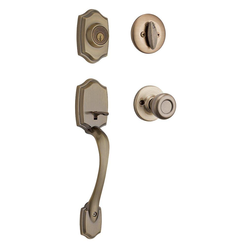 Kwikset Kwikset Belleview Front Door Lock Handle and Deadbolt Set, Entry Handleset Exterior with Interior Door Knob, Antique Brass, Pick Resistant SmartKey Rekey Deadbolt Security