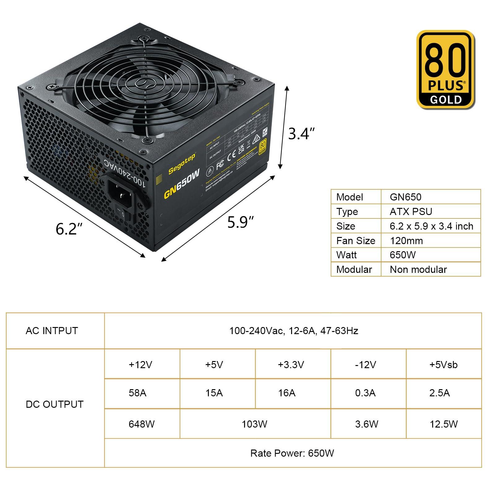 Segotep Segotep 650W 80 Plus Gold Certified Non-Modular ATX Power Supply with 6+2 Pin Connectors PFC Protection and RoHS Compliance, 120mm Silent Fan Gaming PSU GN-650 Black