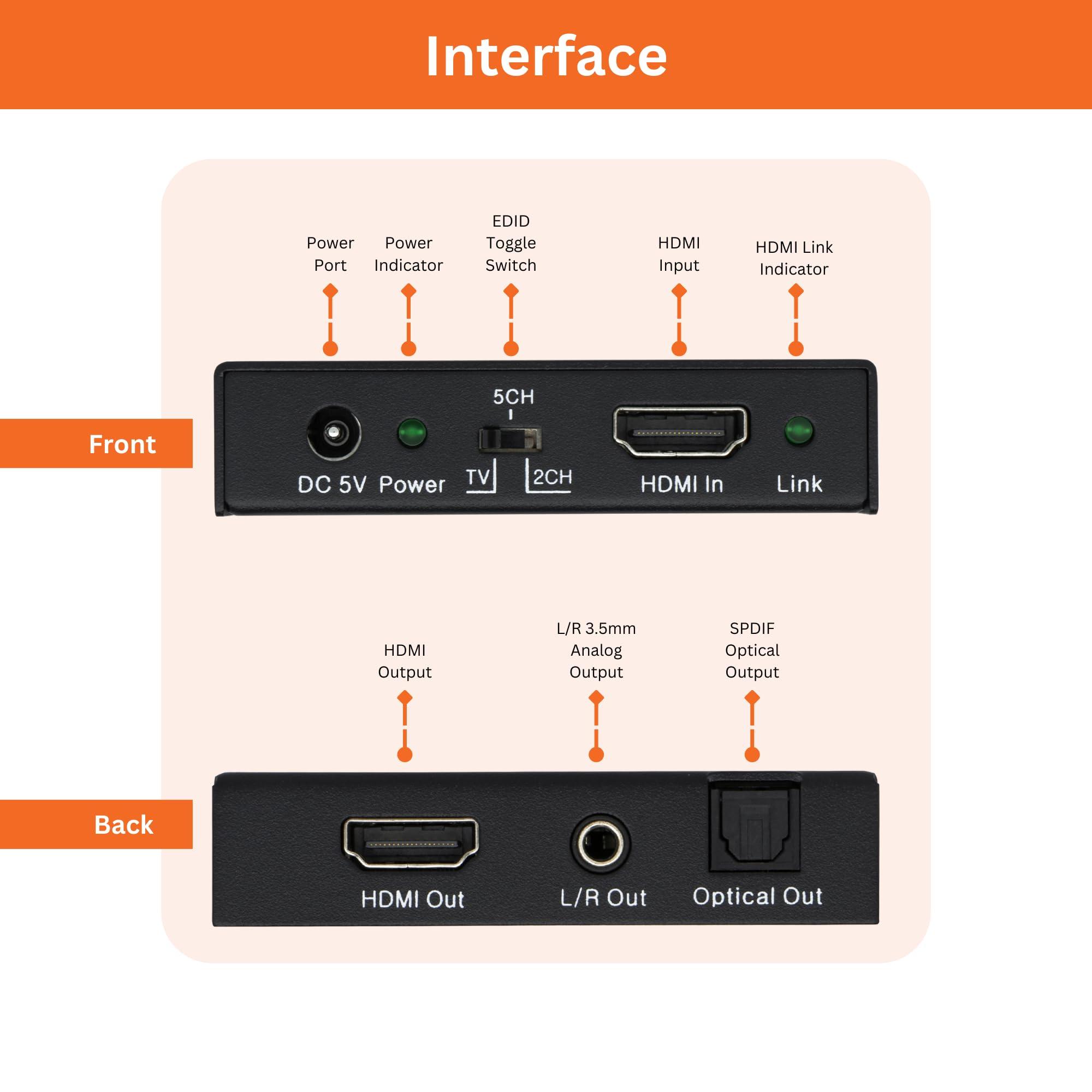 J-Tech Digital J-Tech Digital 4K 60Hz HDMI Audio Extractor Converter SPDIF + 3.5MM Output Supports HDMI 2.0, HDCP 2.2, 1080P@120Hz, 1080P@144Hz, Dolby Digital/DTS Passthrough CEC, HDR10 [JTD18G-H5CH]