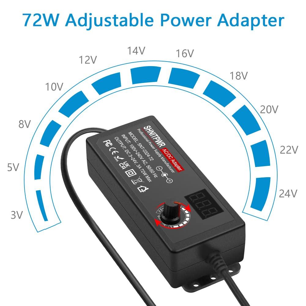 SHNITPWR SHNITPWR 3V ~ 24V 3A 72W Power Supply Adjustable DC 3V 5V 6V 9V 12V 15V 16V 18V 19V 20V 24V Variable Universal AC/DC Adapter 100V-240V AC to DC Converter with 14 Tips 5.5x2.5mm 4.0x1.7mm 3.5x1.35mm