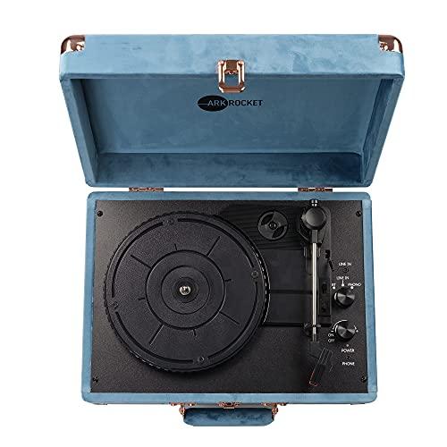 arkrocket Arkrocket Curiosity Bluetooth Turntable Retro Suitcase 3-Speed Record Player with Built-in Speakers (Ocean Blue Velvet)