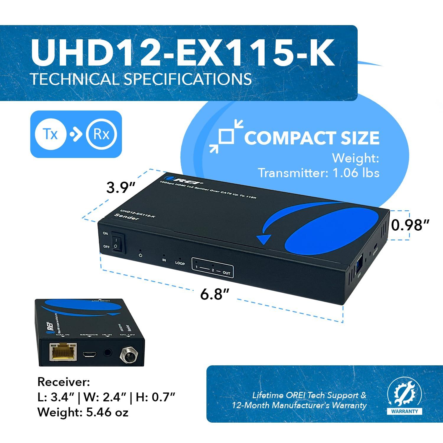 OREI OREI 1x2 HDMI Extender Splitter 4K by Multiple Over Single Cable CAT6/7 4K@60Hz 4:4:4 HDCP 2.2 with IR Remote EDID Management - Up to 115 Ft - Loop Out - Low Latency - Full Support
