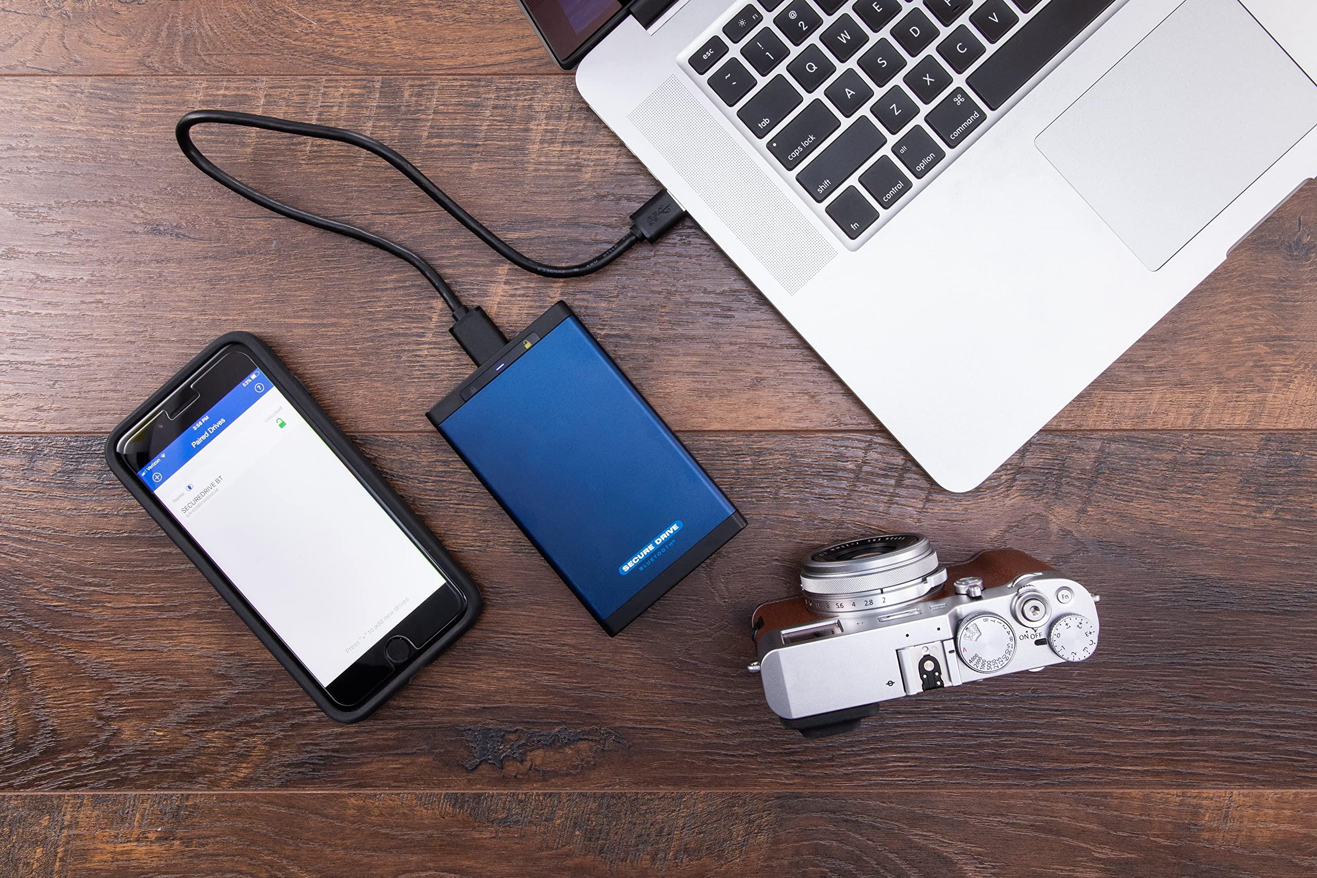 ClevX SecureData SecureDrive BT 2TB Hardware Encrypted USB 3.0 Ext Drive FIPS 140-2 Level 3 Unlock via Phone app TAA Compliant, CJIS, HIPAA, CMMC, GDPR Compliant, Works with Mac and Win Free AV