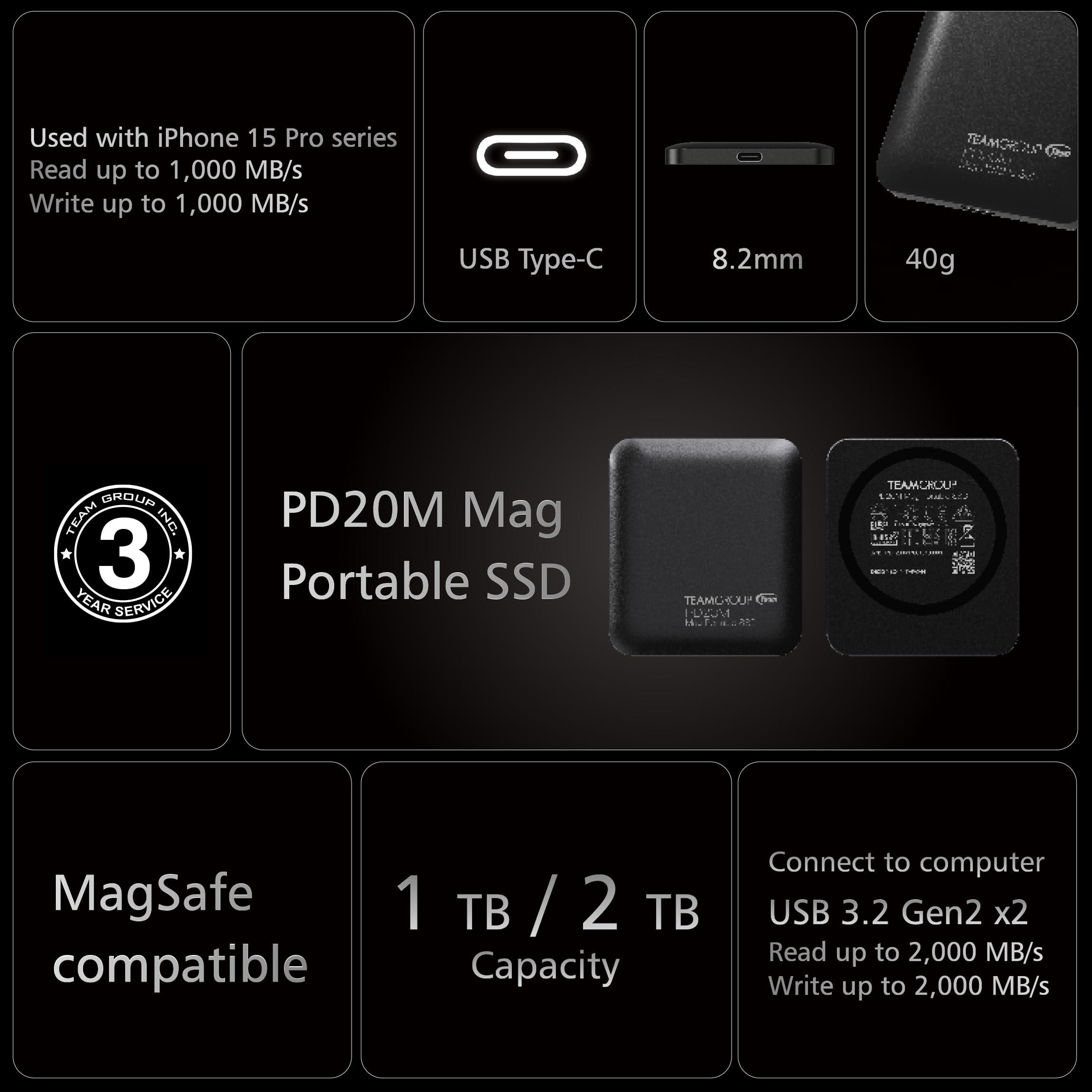 TEAMGROUP TEAMGROUP PD20M 2TB Magnetic External SSD Read up to 2000MB/s USB 3.2 Gen 2x2 Type-C 4K ProRes HDR Record iPhone 15&16 Pro Max,iPad TPSEG2002T0C108