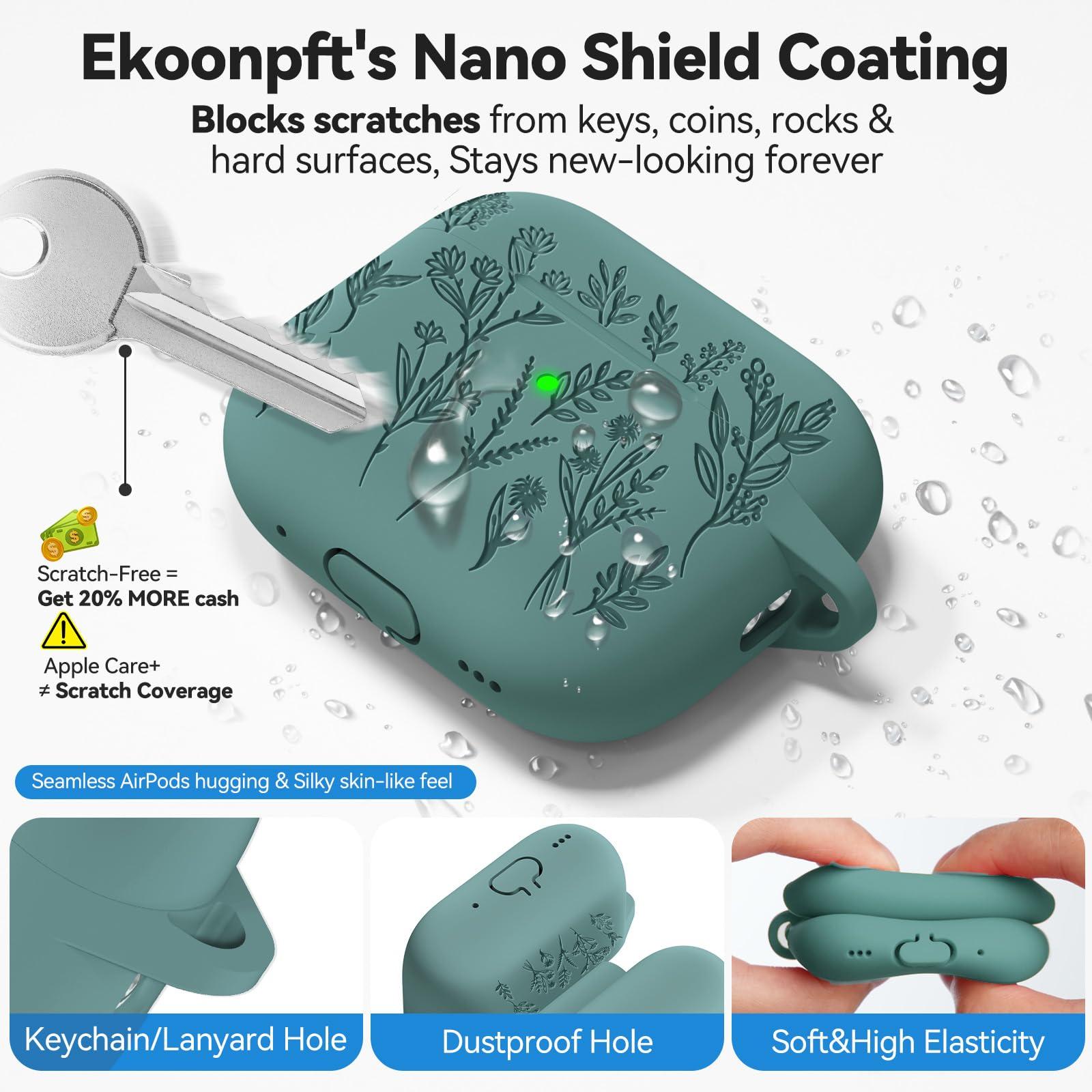 Ekoonpft for AirPods Pro 2 Case, Ekoonpft Silicone AirPod Pro Cases with 3-in-1 Cleaning Kit & Keychain, Flower Engraved Cover for Apple AirPods Pro 2nd/1st Generation, Shockproof & Anti-Scratch