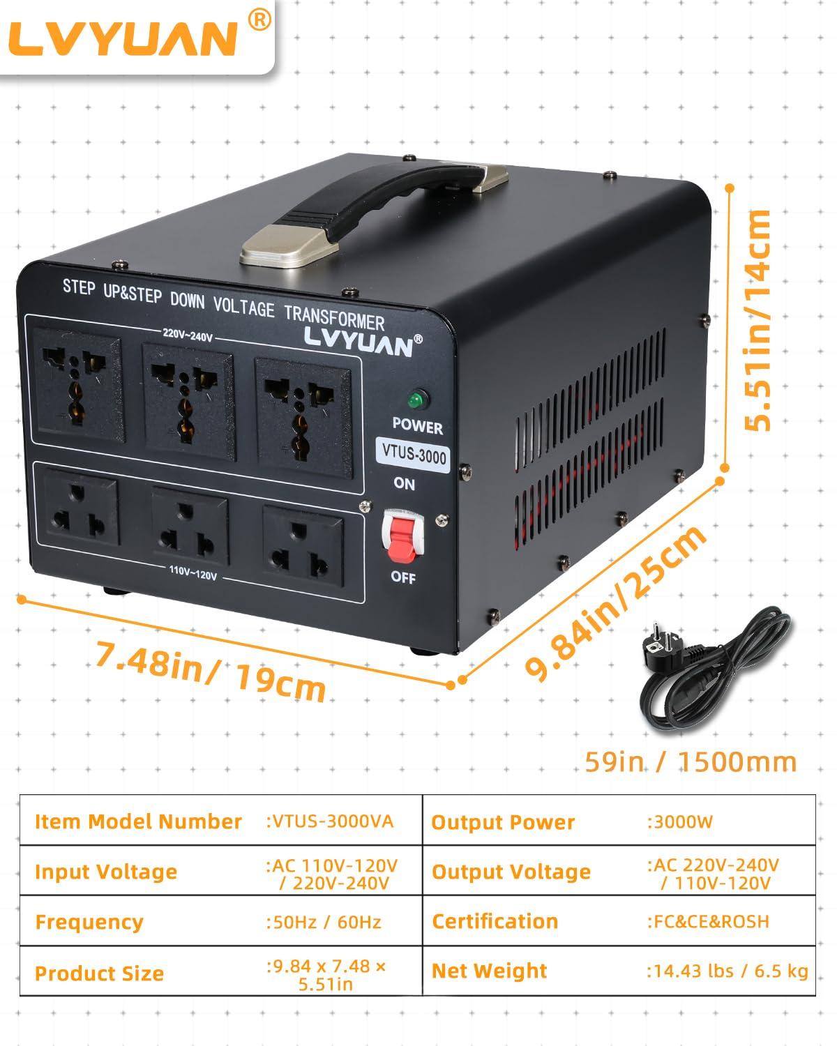 LVYUAN LVYUAN 3000 Watt Voltage Converter Transformer Heavy Duty Step Up/Down AC 110V/120V/220V/240V Power Converter with 3 US Outlets, 3 Universal Outlets, Resettable Circuit Breaker Protection