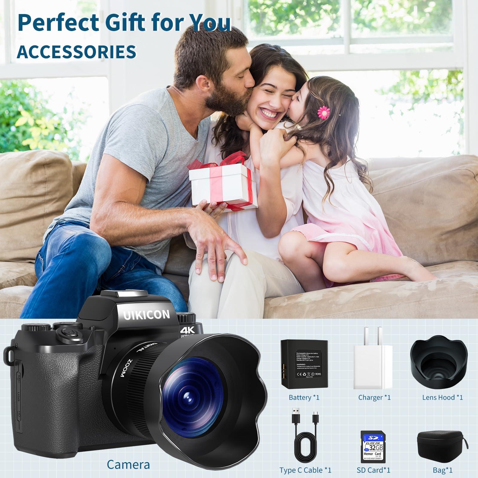 UIKICON UIKICON Digital Camera for Photography 4K Vlogging Camera 64MP Mirrorless Camera with WiFi, Dual Camera, 52mm Fixed Lens, 4.0\" Touch Screen, 32GB SD Card & Camera Bag(W05-Black2)