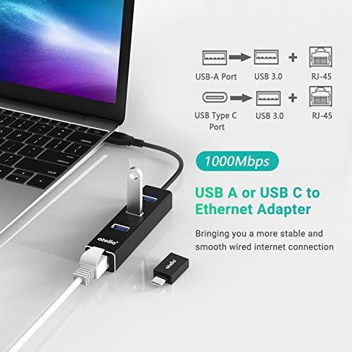 Bauihr USB 3.0 Hub Ethernet with USB C Adapter, 3 Port USB 3.0 Splitter Gigabit Ethernet Hub + USB C HUB Network RJ45 1000Mbps USB Extender