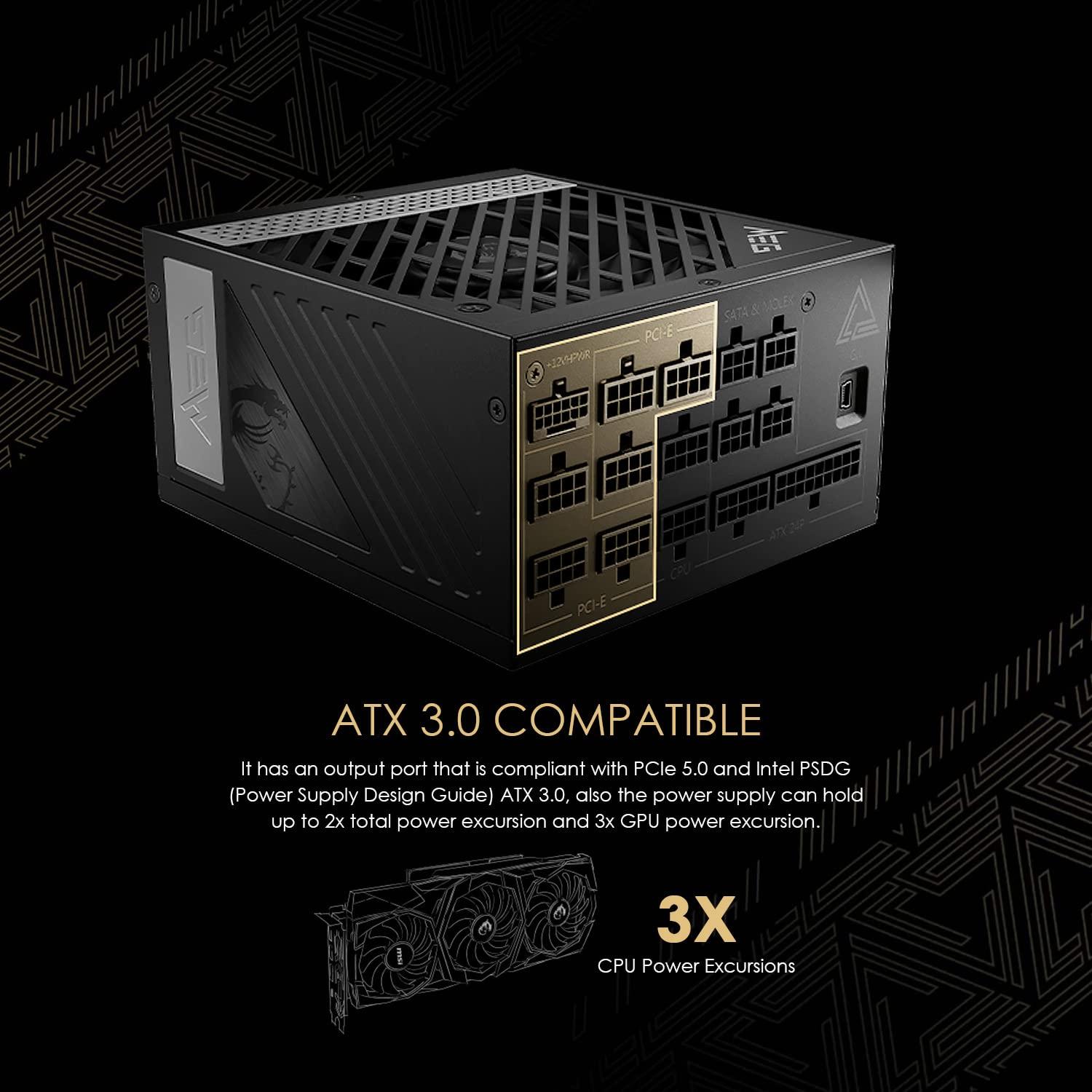 MSI MSI MEG Ai1300P PCIE 5.1 & ATX 3.1 Gaming Power Supply - Full Modular - 80 Plus Platinum Certified 1300W - 100% Japanese 105C Capacitors - Compact Size - ATX PSU - 10 Year Warranty